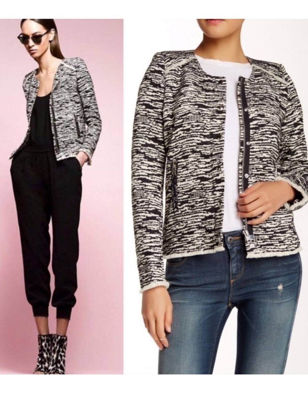 IRO Lizzie Black Ivory Textured Tweed Jacket Blazer Size 36 US Sz 4